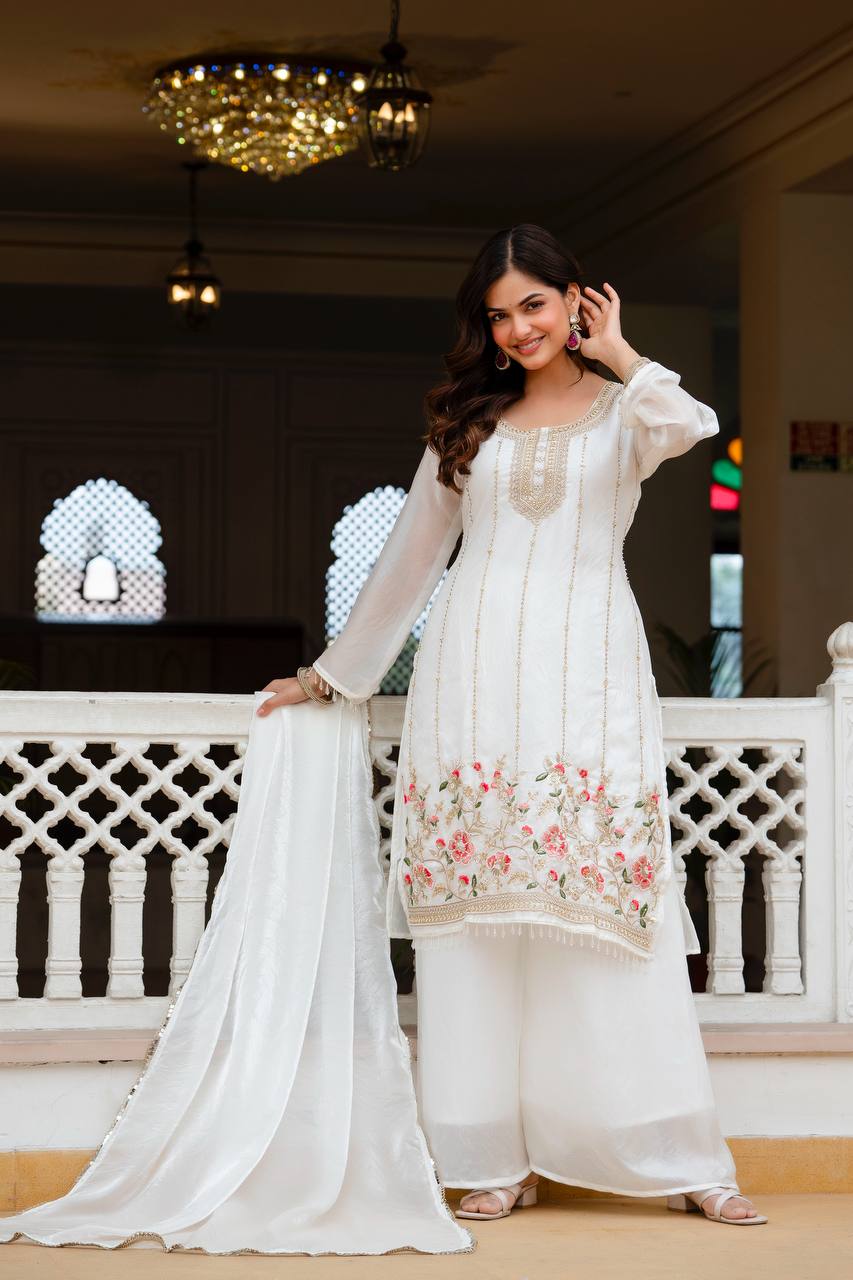 GorIvory White Fandi Silk Kurti Palazzo Dupatta Set