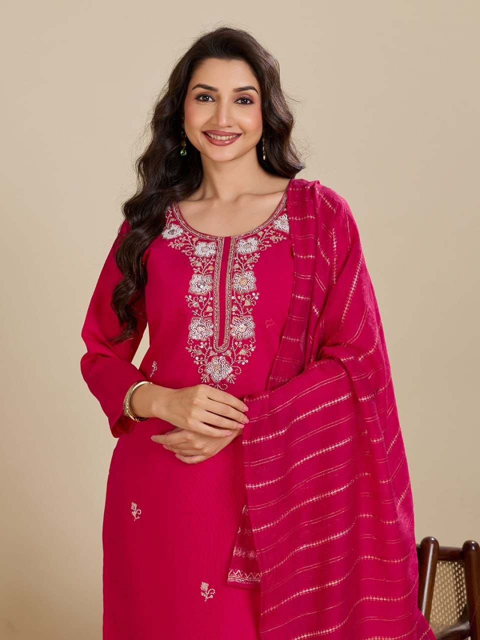 Elegant Roman Silk Handwork Embroidered 3 Piece Kurta Pant Dupatta Set