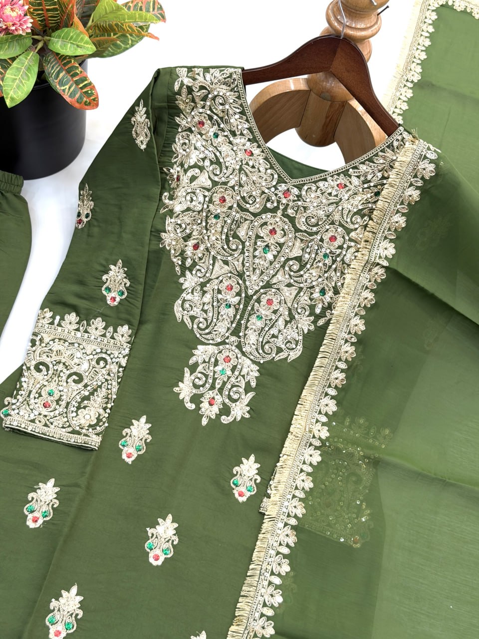 Women’s Roman Shimmer Silk  3 Piece Kurta Pant Dupatta Set