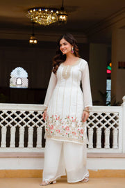 GorIvory White Fandi Silk Kurti Palazzo Dupatta Set