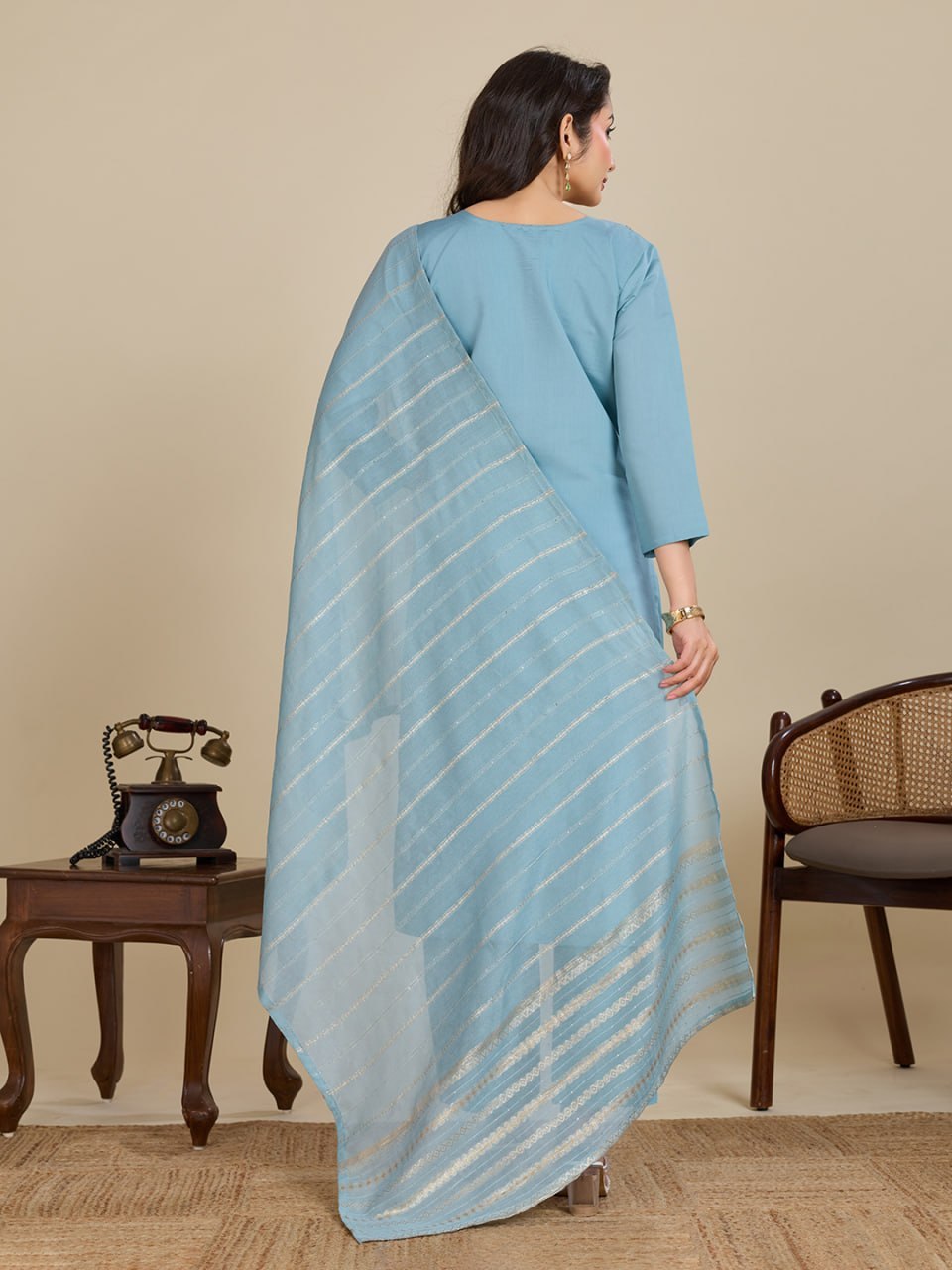 Elegant Roman Silk Handwork Embroidered 3 Piece Kurta Pant Dupatta Set