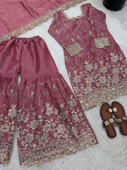 Chinnon Silk Embroidered Sharara Suit 3 Piece Top Sharara Dupatta Set