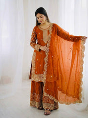 Gorgeous Fendy Silk Heavy Embroidered  Kurta Palazzo Dupatta Set