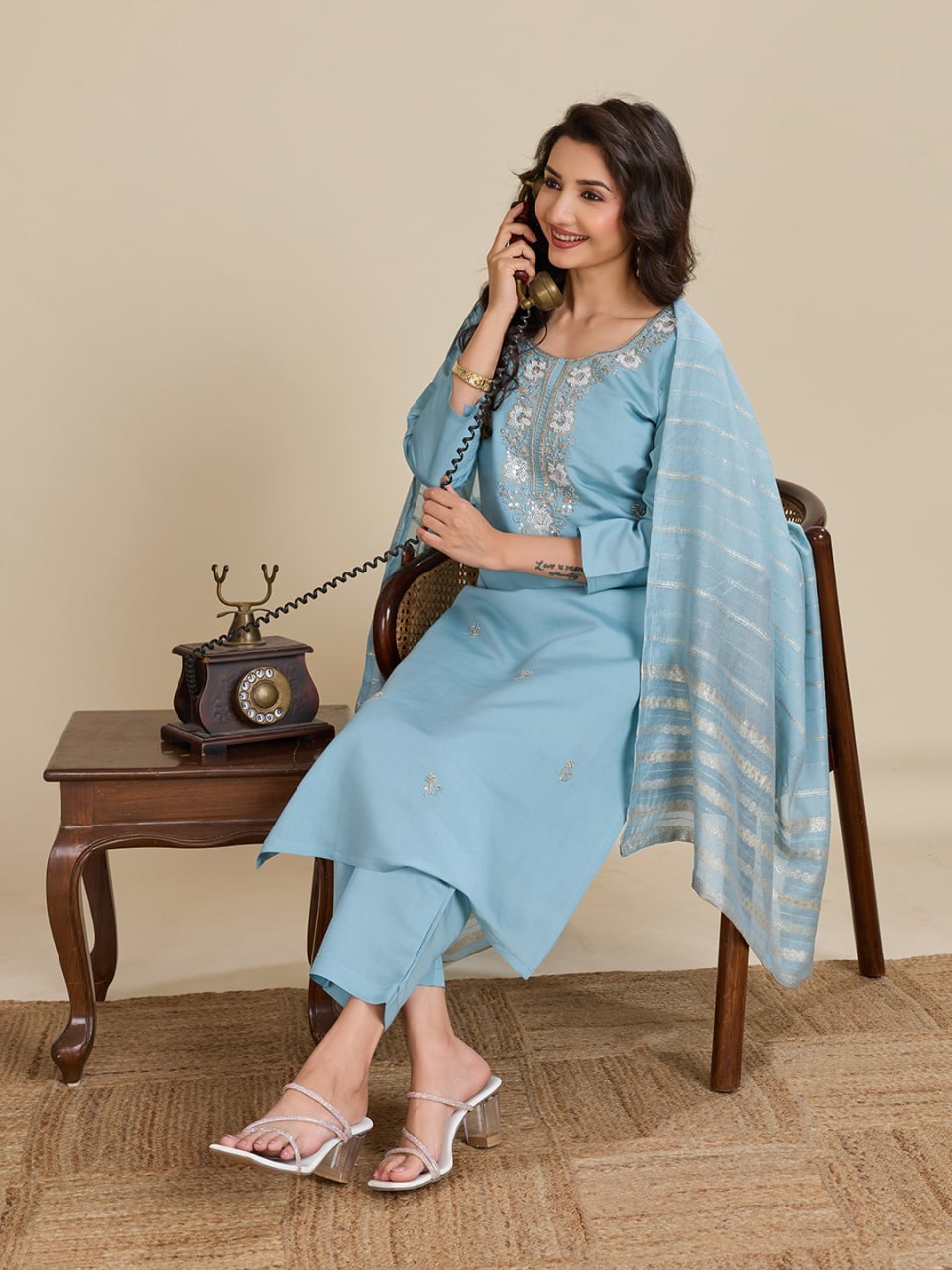 Elegant Roman Silk Handwork Embroidered 3 Piece Kurta Pant Dupatta Set