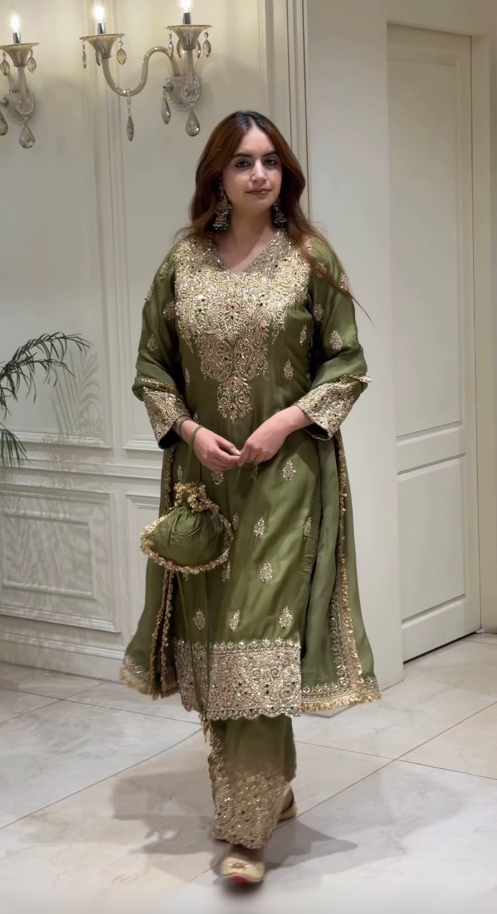 Women’s Roman Shimmer Silk  3 Piece Kurta Pant Dupatta Set