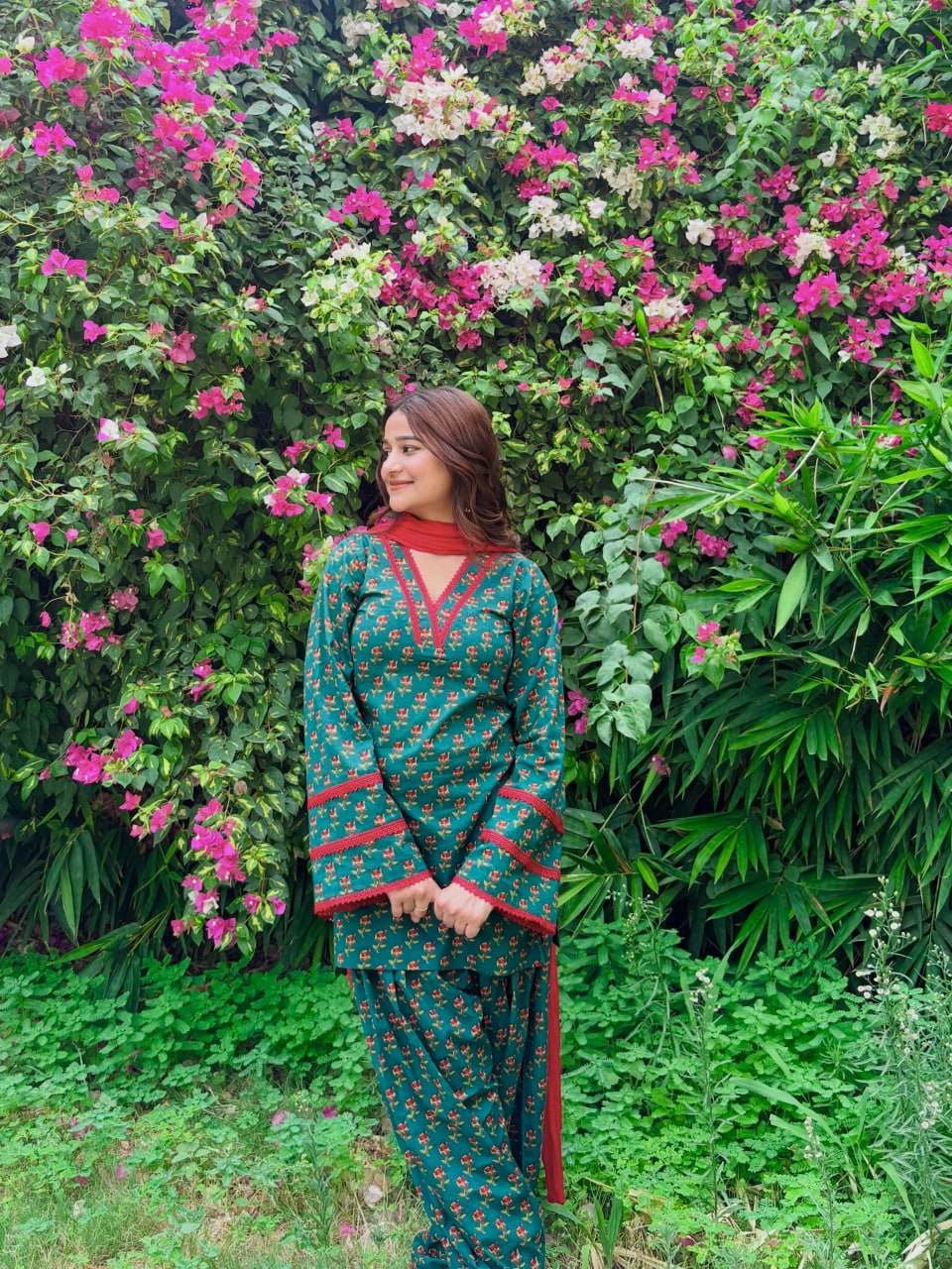 Women’s Teal Green Floral Natural Crepe 3 Piece Short Kurti Farshi Pant Dupatta Set
