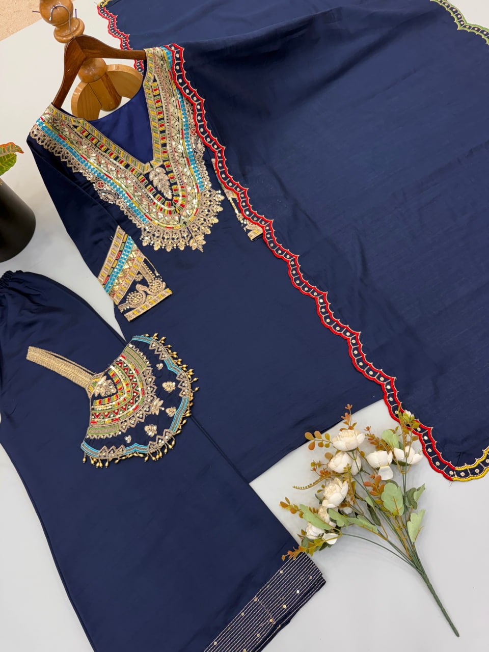 Women’s Navy Blue Pure Heavy Roman Silk Embroidered Sequin Suit Set with Purse