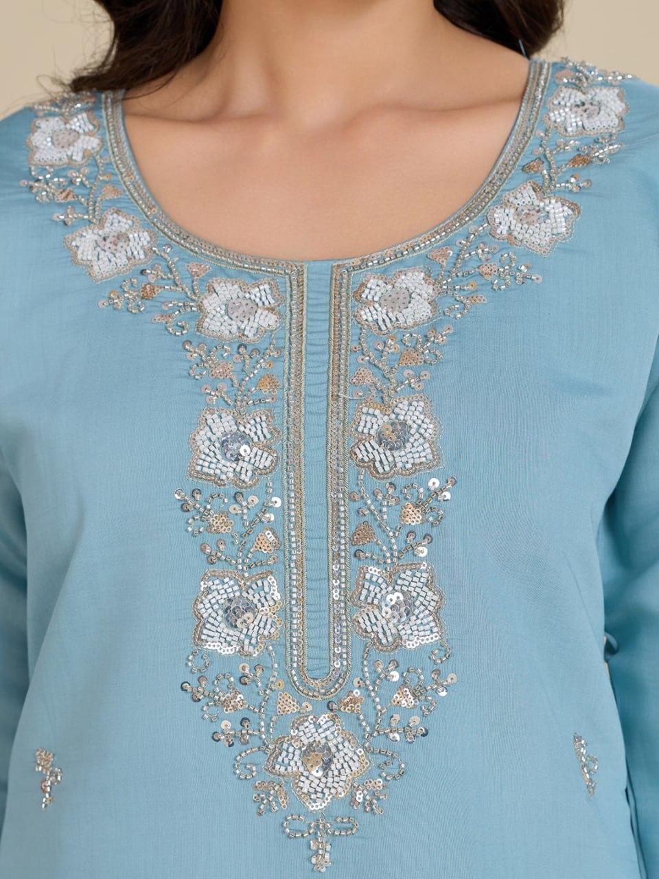 Elegant Roman Silk Handwork Embroidered 3 Piece Kurta Pant Dupatta Set
