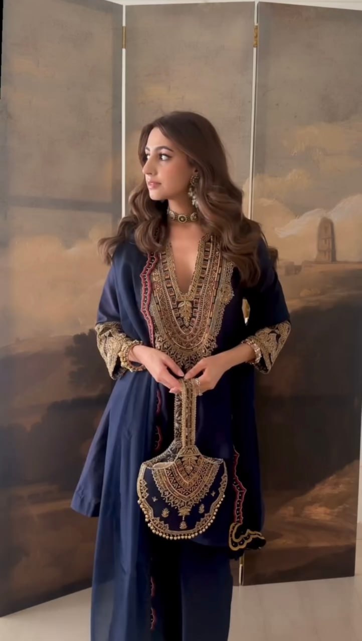 Women’s Navy Blue Pure Heavy Roman Silk Embroidered Sequin Suit Set with Purse