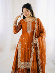 Gorgeous Fendy Silk Heavy Embroidered  Kurta Palazzo Dupatta Set