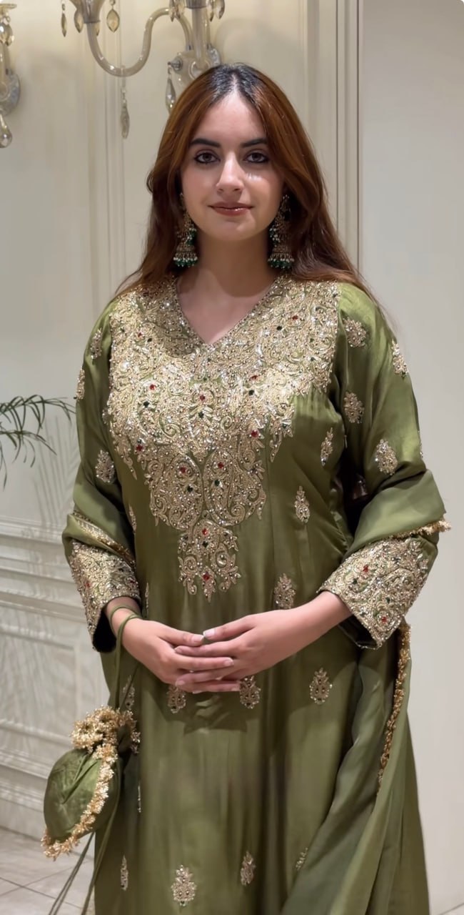 Women’s Roman Shimmer Silk  3 Piece Kurta Pant Dupatta Set