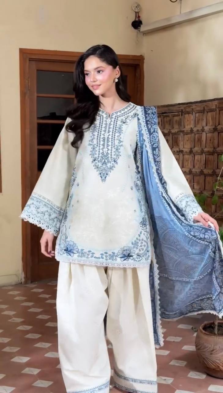 Women’s White Satin Rayon Embroidered  Farshi Palazzo Suit Set