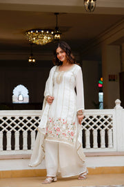 GorIvory White Fandi Silk Kurti Palazzo Dupatta Set