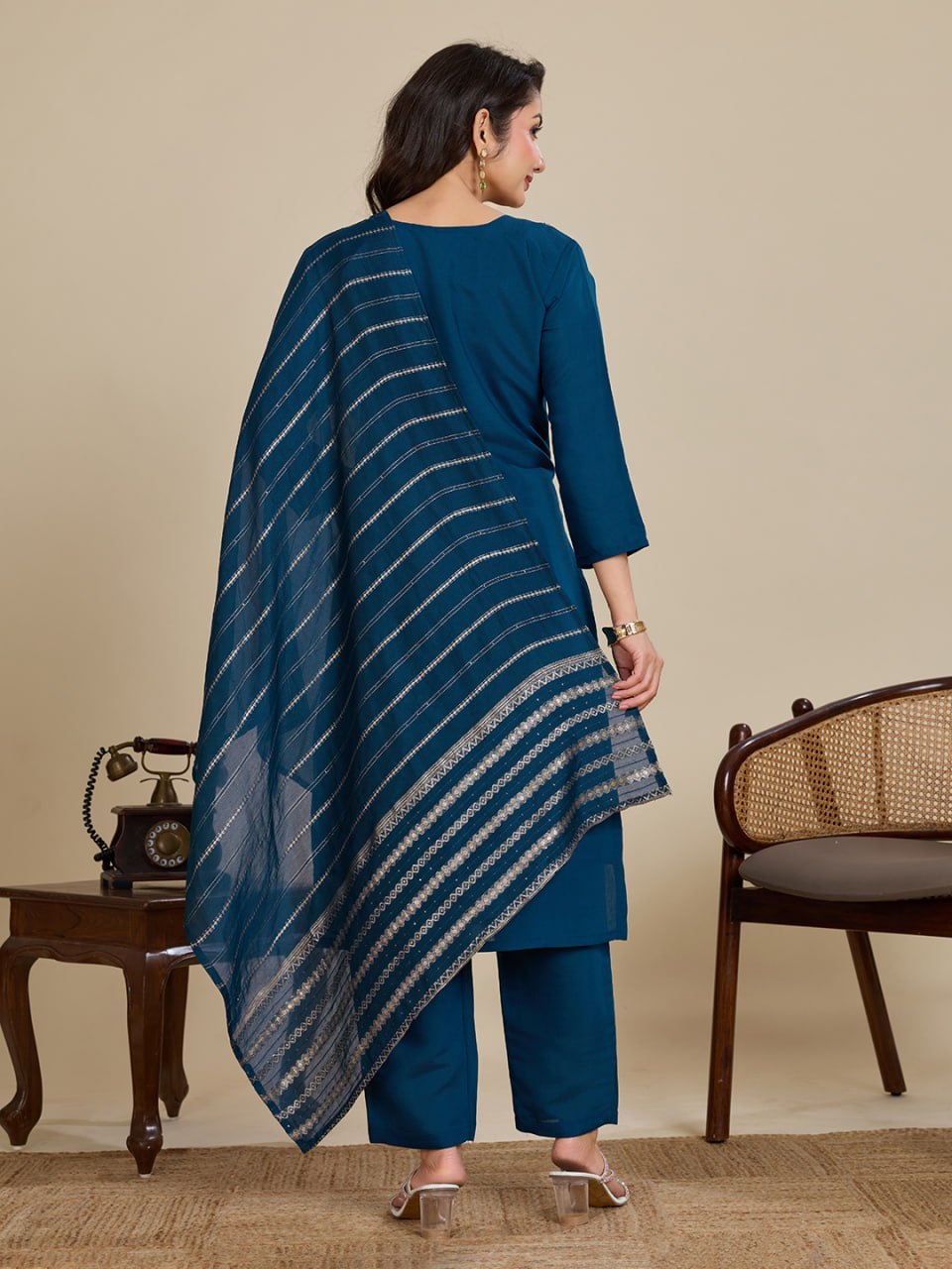 Elegant Roman Silk Handwork Embroidered 3 Piece Kurta Pant Dupatta Set