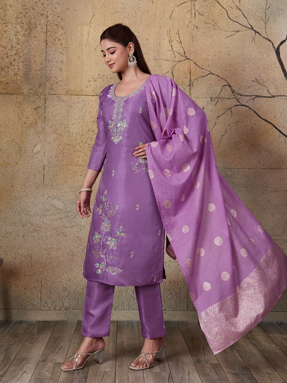 Beautiful Roman Glass Embroidered 3 Piece Kurta Pant Dupatta Set