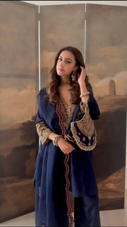 Women’s Navy Blue Pure Heavy Roman Silk Embroidered Sequin Suit Set with Purse