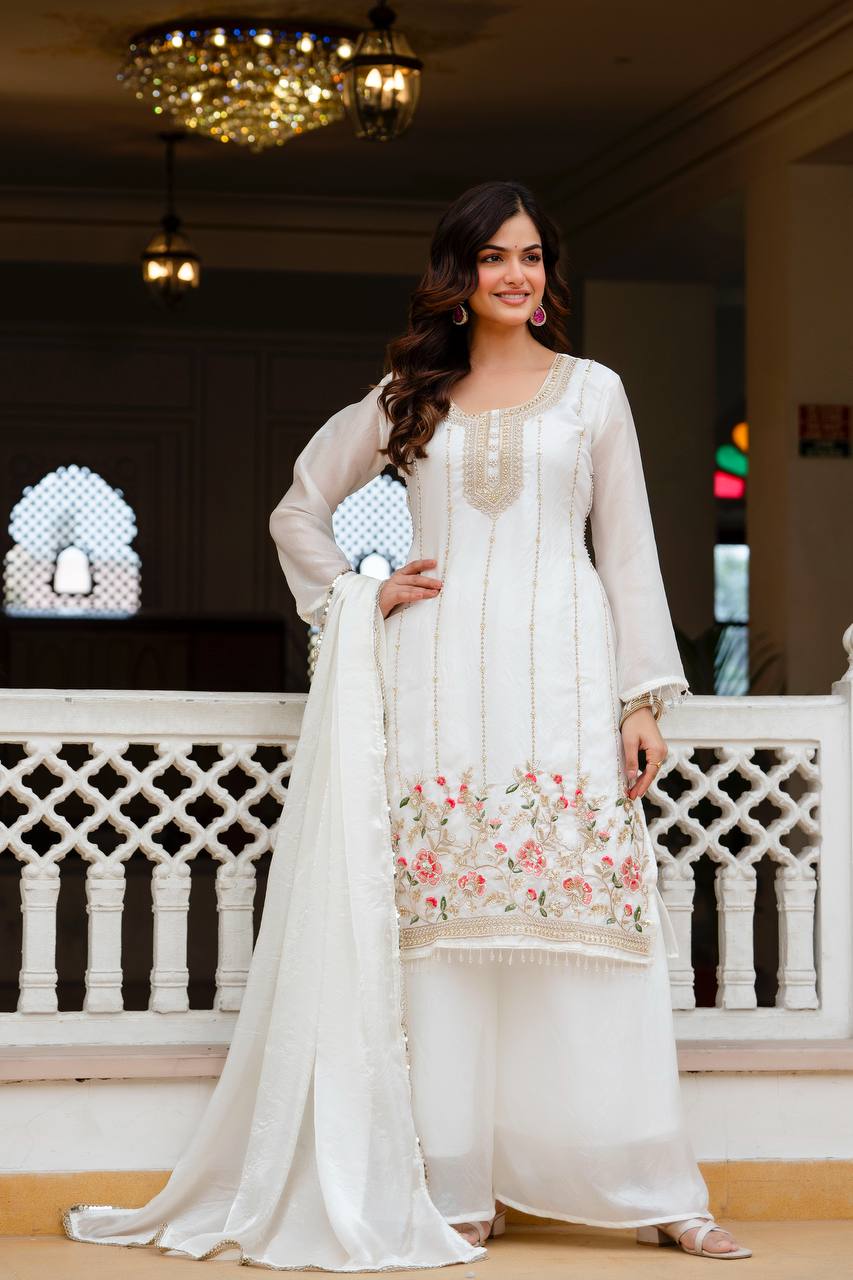 GorIvory White Fandi Silk Kurti Palazzo Dupatta Set