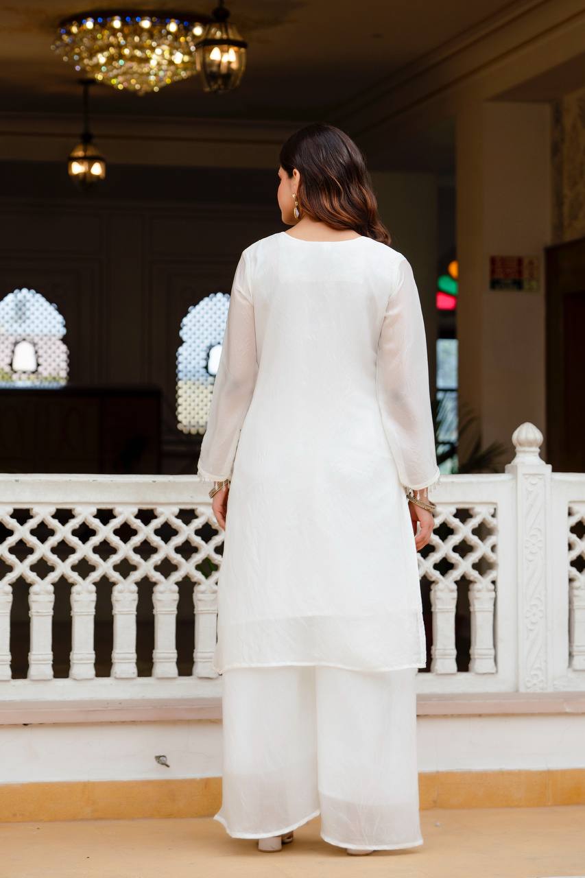 GorIvory White Fandi Silk Kurti Palazzo Dupatta Set