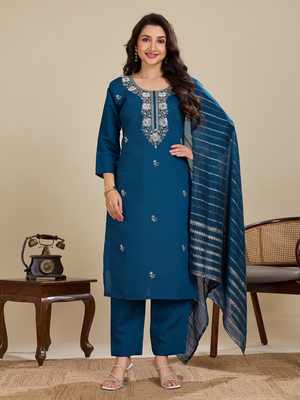 Elegant Roman Silk Handwork Embroidered 3 Piece Kurta Pant Dupatta Set