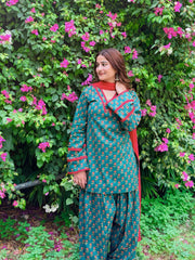 Women’s Teal Green Floral Natural Crepe 3 Piece Short Kurti Farshi Pant Dupatta Set