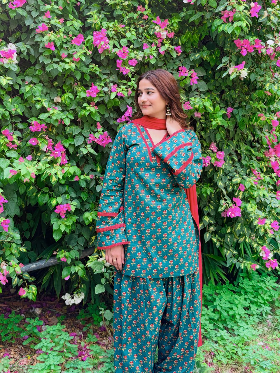 Women’s Teal Green Floral Natural Crepe 3 Piece Short Kurti Farshi Pant Dupatta Set