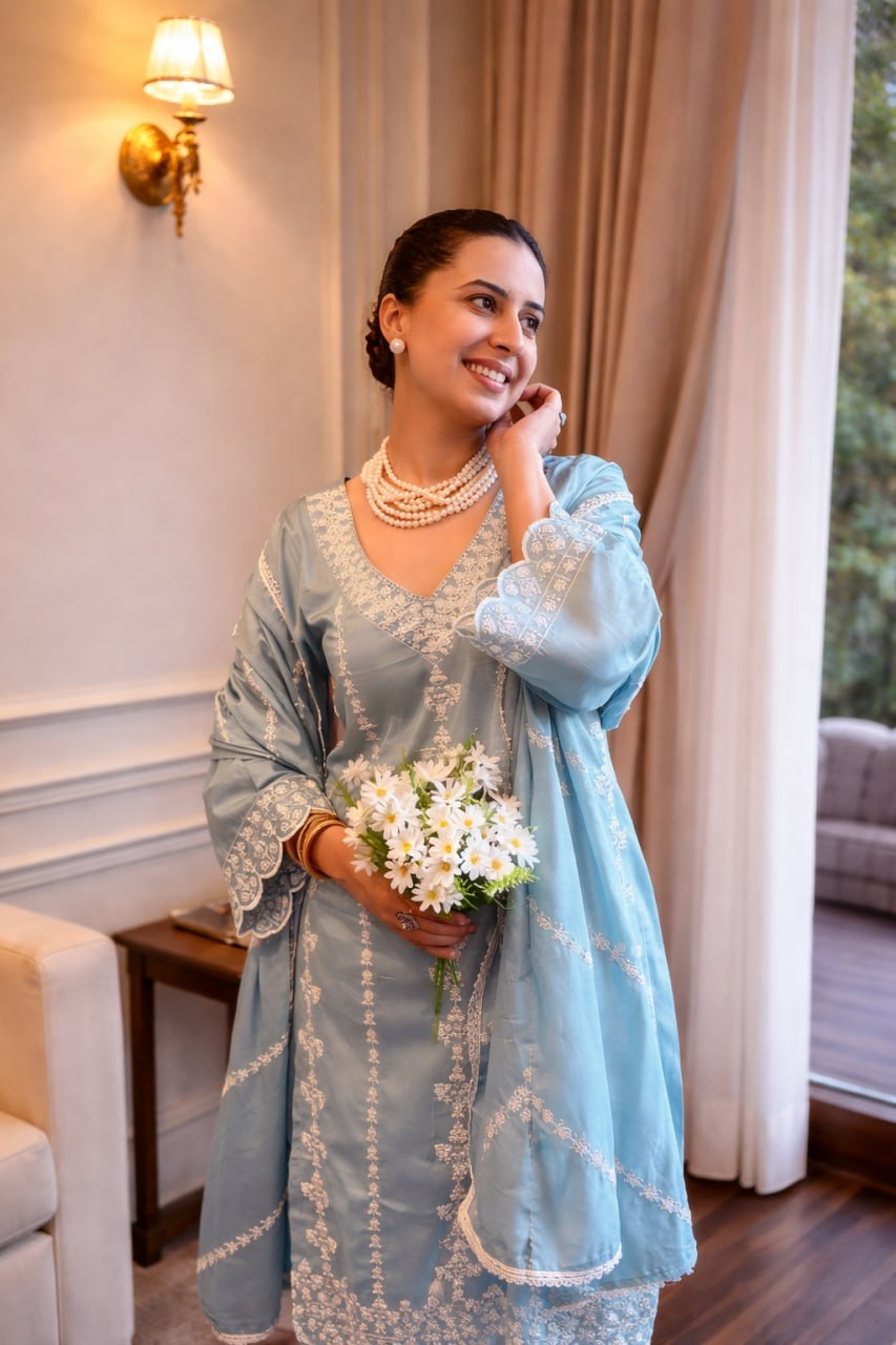 Premium Roman Silk  Kurta Pant Dupatta Set