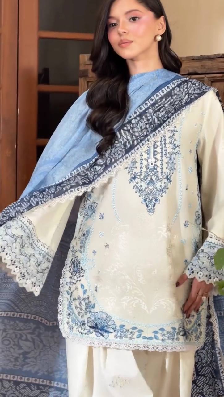 Women’s White Satin Rayon Embroidered  Farshi Palazzo Suit Set