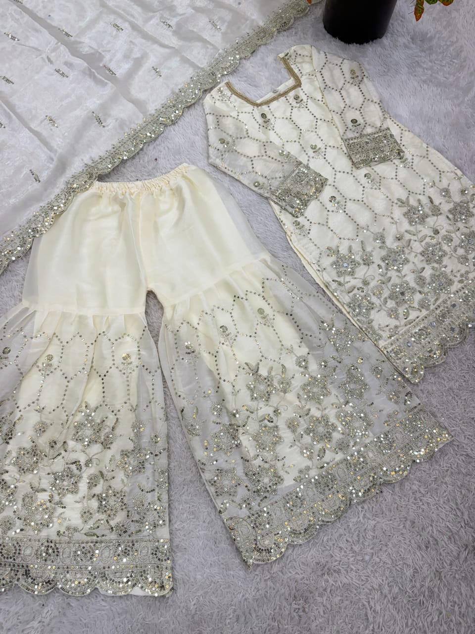 Chinnon Silk Embroidered Sharara Suit 3 Piece Top Sharara Dupatta Set