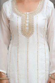 GorIvory White Fandi Silk Kurti Palazzo Dupatta Set