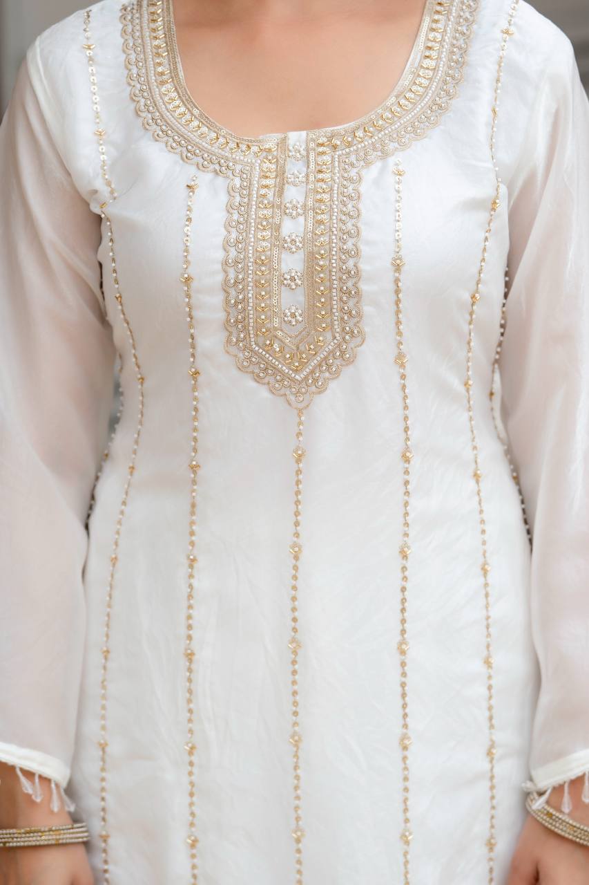 GorIvory White Fandi Silk Kurti Palazzo Dupatta Set