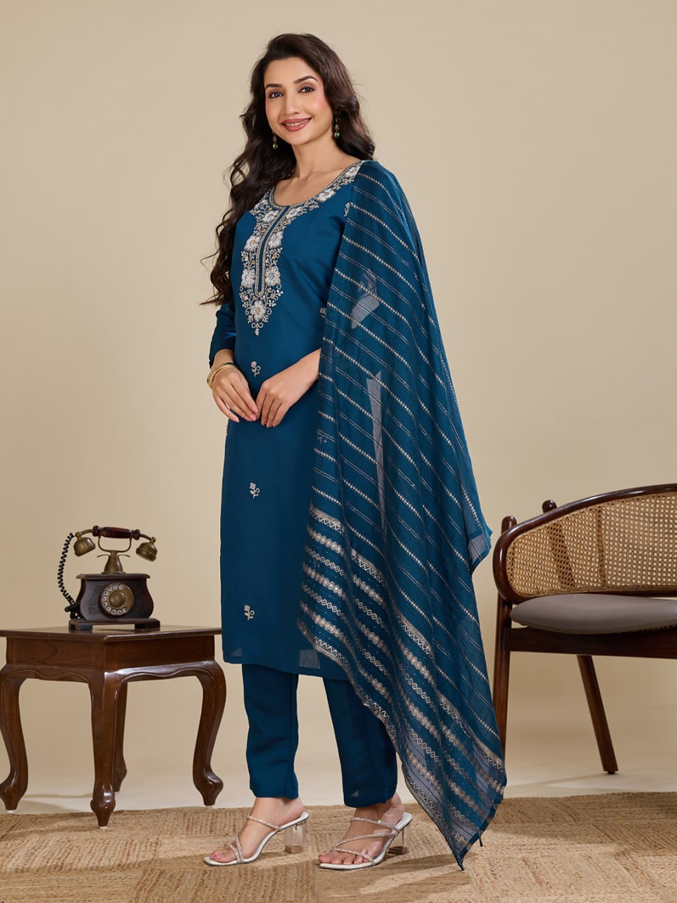 Elegant Roman Silk Handwork Embroidered 3 Piece Kurta Pant Dupatta Set