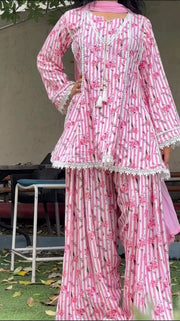 Women’s Pink Floral Stripe Natural Crepe  Short Kurti Farshi Pant Dupatta Set