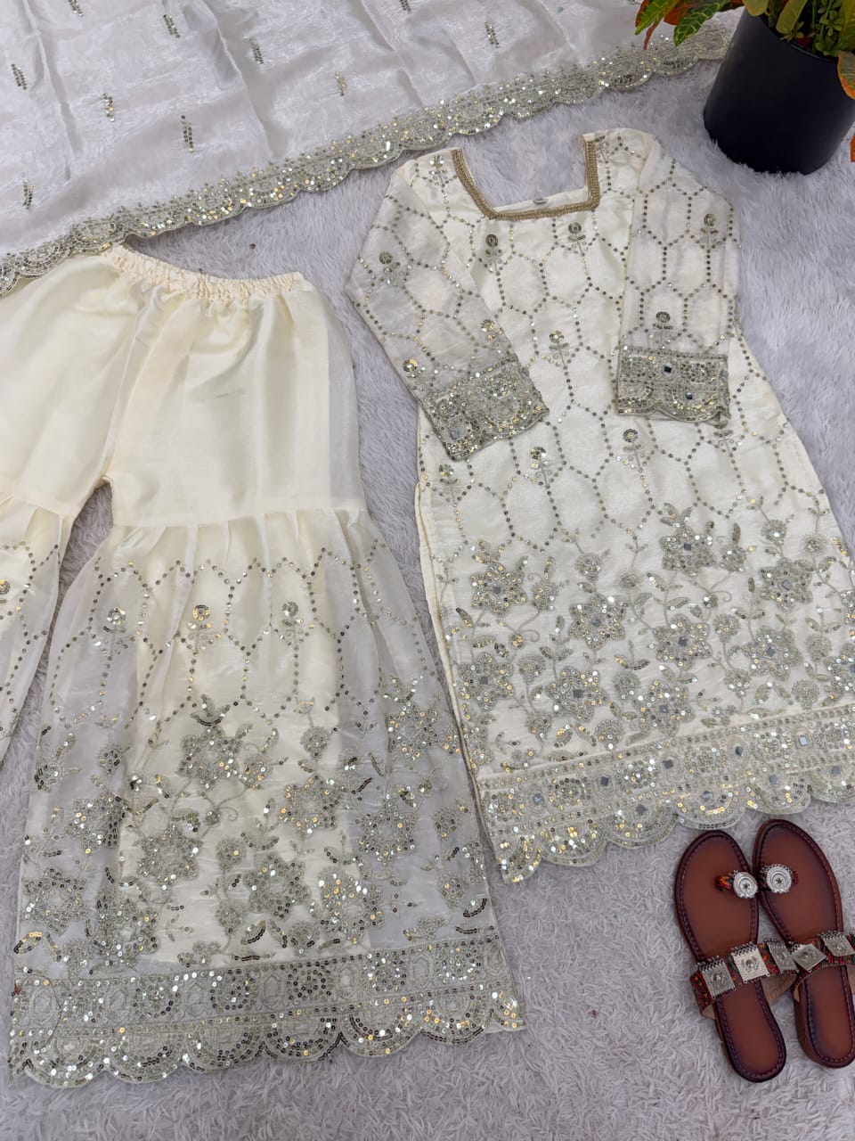 Chinnon Silk Embroidered Sharara Suit 3 Piece Top Sharara Dupatta Set