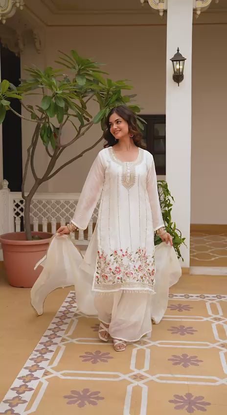 GorIvory White Fandi Silk Kurti Palazzo Dupatta Set
