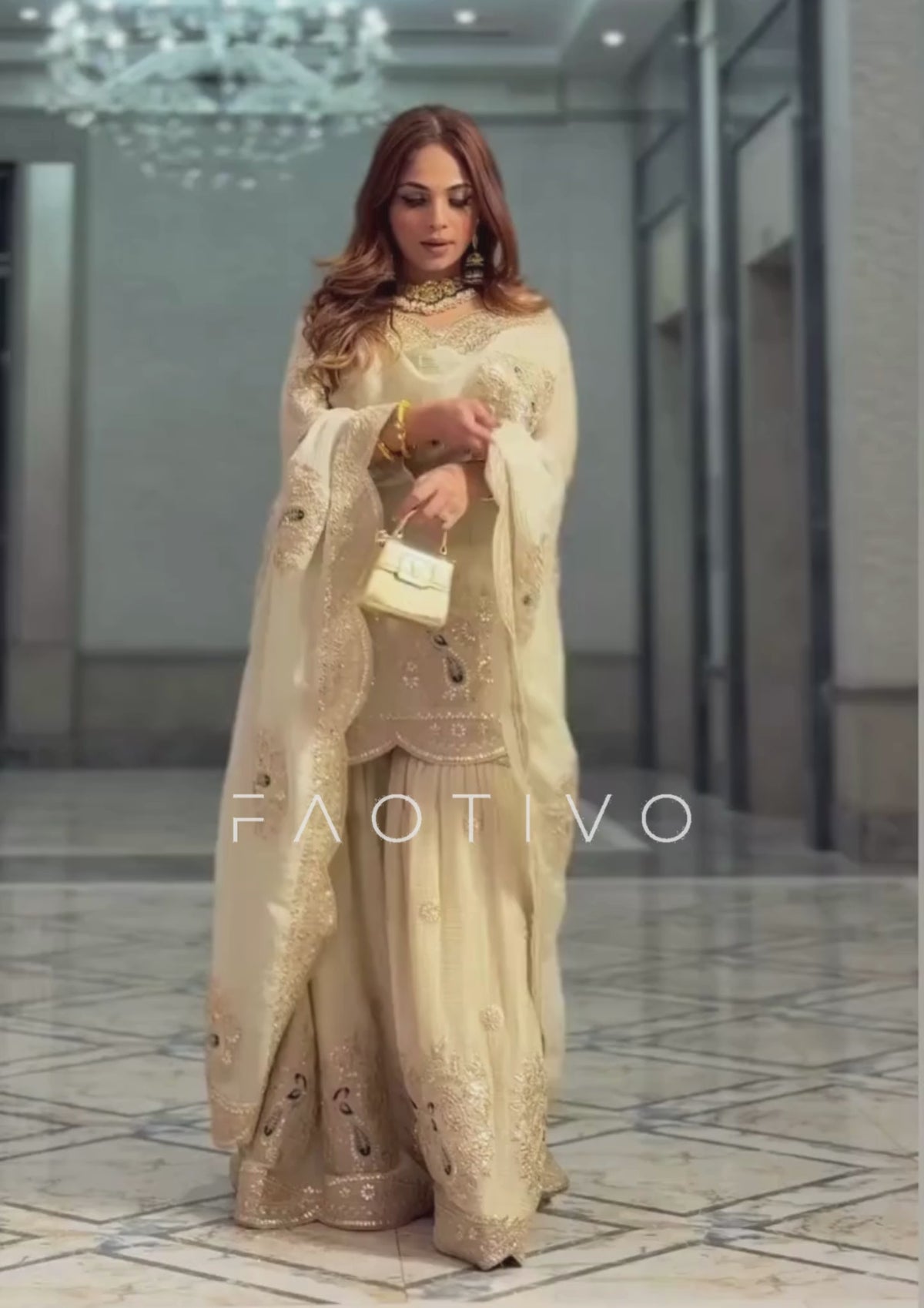 Designer Embroidered Chinnon Silk Sharara Suit