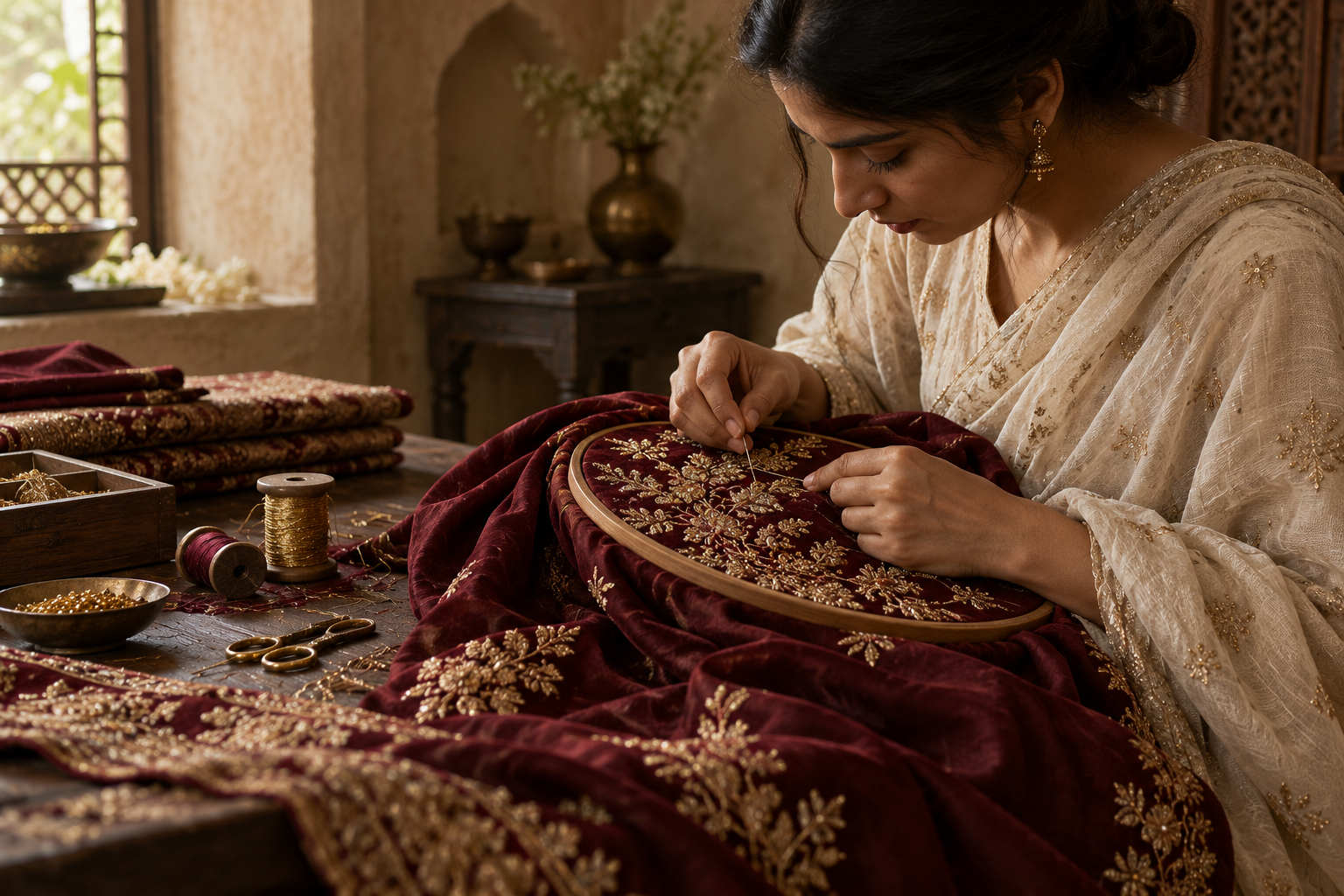Artisan embroidering oxblood silk by hand